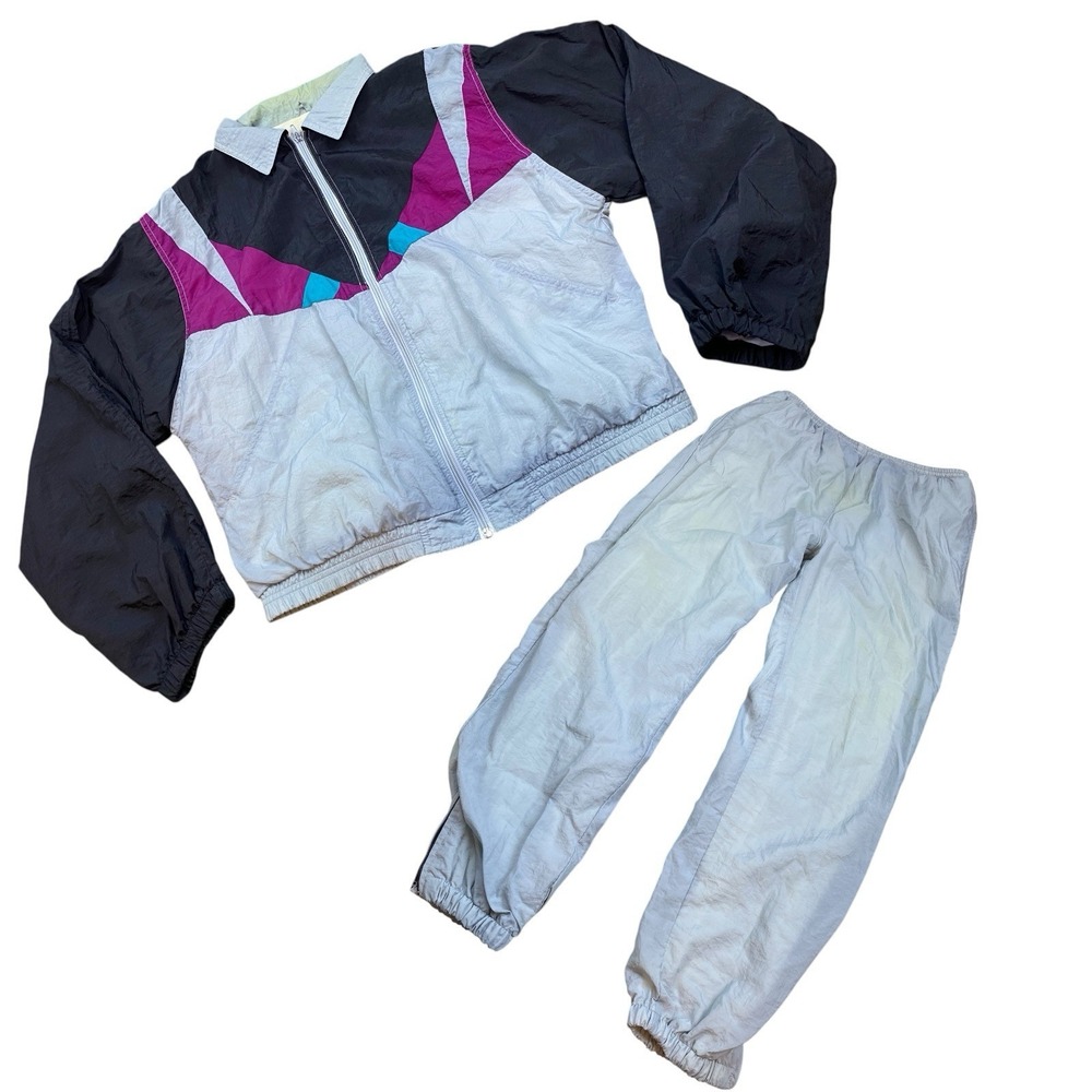 VTG 90s Eagles Ridge Women's MED Windbreaker Track Suit Set Gray Black Magenta‎
